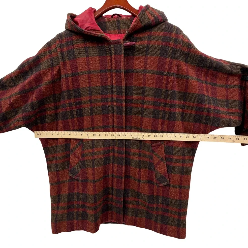Vintage Mackintosh Wool Coat 14 Red Plaid Dolman Sleeve Hooded Zip‎ Up